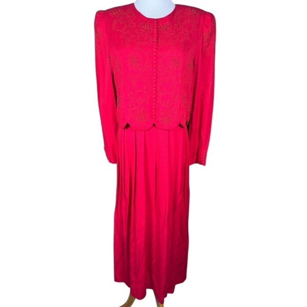 Plaza‎ South Red Beaded Embroidered Vtg Maxi Dress Womens 10 Formal Long Sleeve